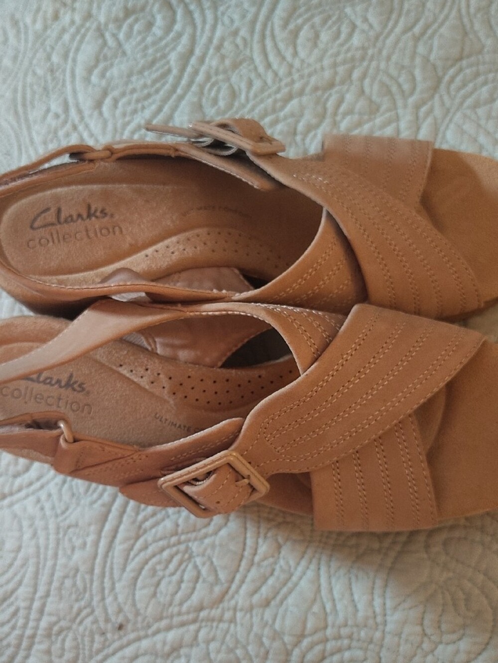 Clarks Tan Suede Crisscross Wedge Sandals - Picture 2 of 8
